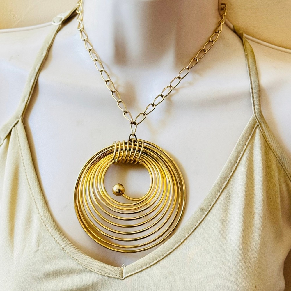 Brutalist Swirl Medallion Necklace VTG Statement Retro Gold Runway Modernist MCM